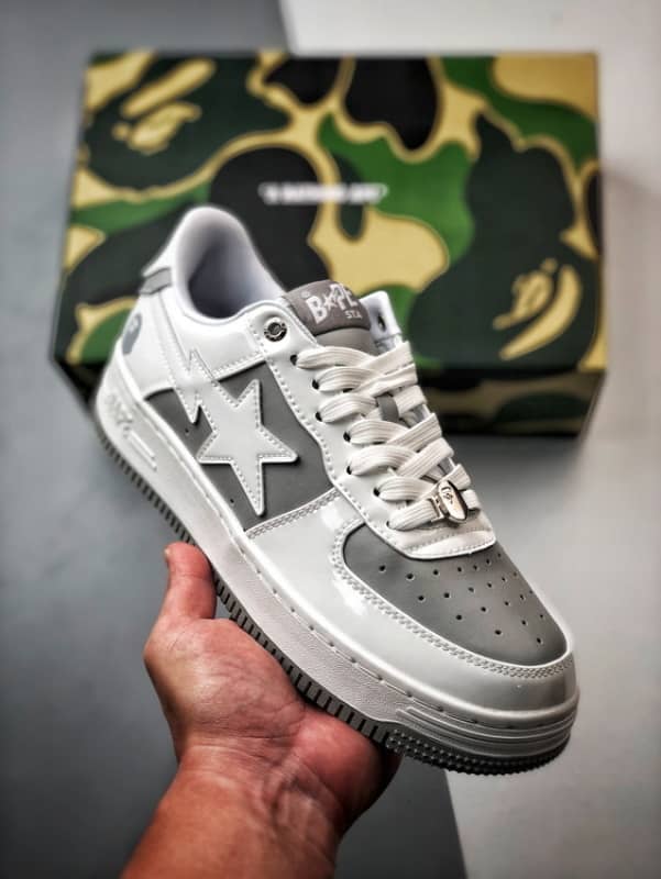 Bape x Air Force 1 Sta Low Cinza e Branco Patente